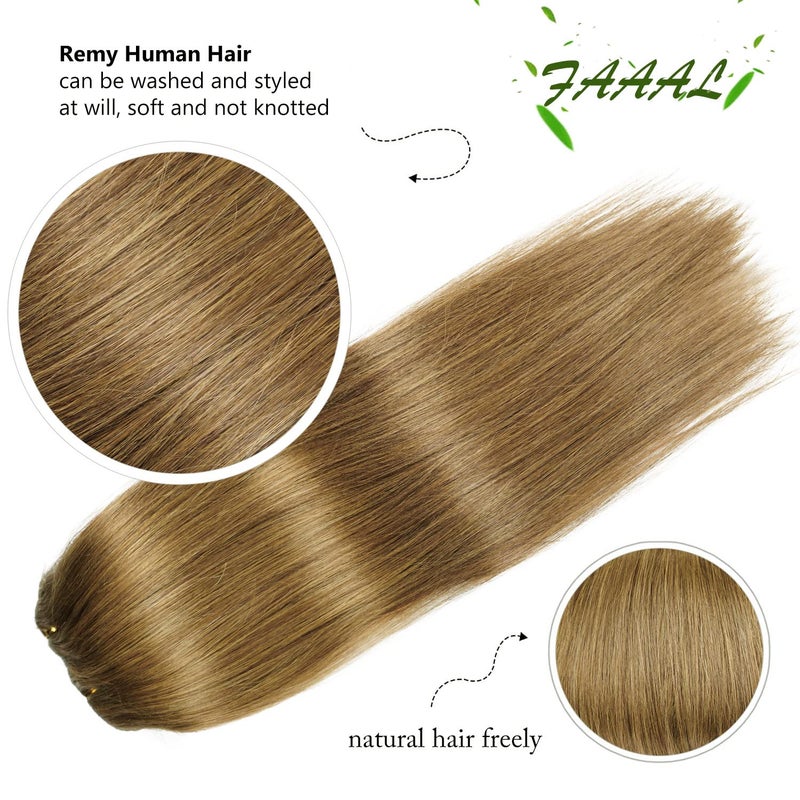 FAAAL 18" Clip in Human Hair Extensions Full Head 150g 7 Pieces 16 Clips 8# Light Brown Double Weft Brazilian Real Remy Hair Extensions Thick Straight Silky (18" 150g, Light Brown) - Image 3